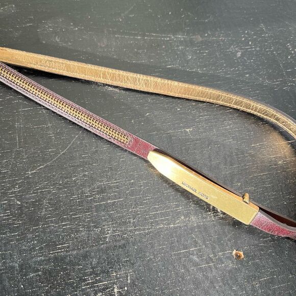 VTG Y2K Michael Kors Brown Leather Skinny Belt w/ Zipper Detail Gold Buckle - Picture 6 of 12